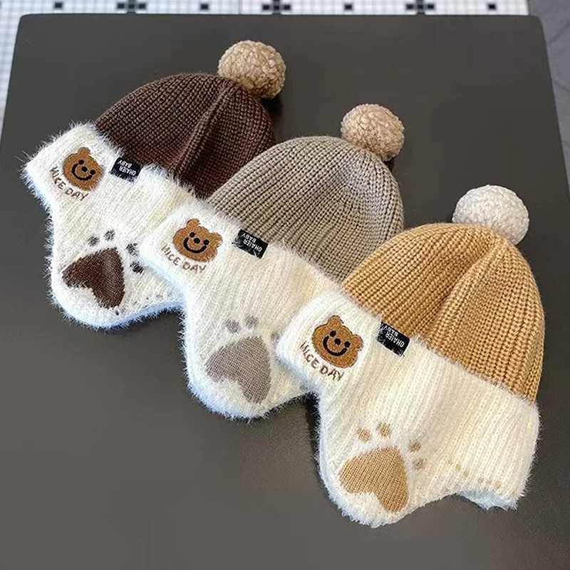 Children Plush Earmuffs Cap 1-6year Kids Winter Warm Knitted Hat Baby Bear Beanie Toddler Ear Protection CapsXJ241213