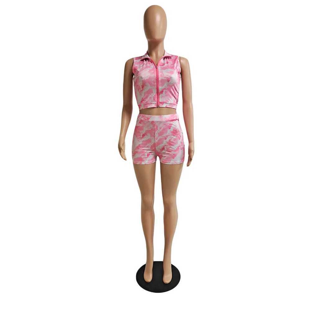 Women's Two Piece Pants Echoine Women Summer Casual Sports Matching Sets Printing Stripe Short Slve Zipper Up Cardigan Top shorts Two Piece Outfi
