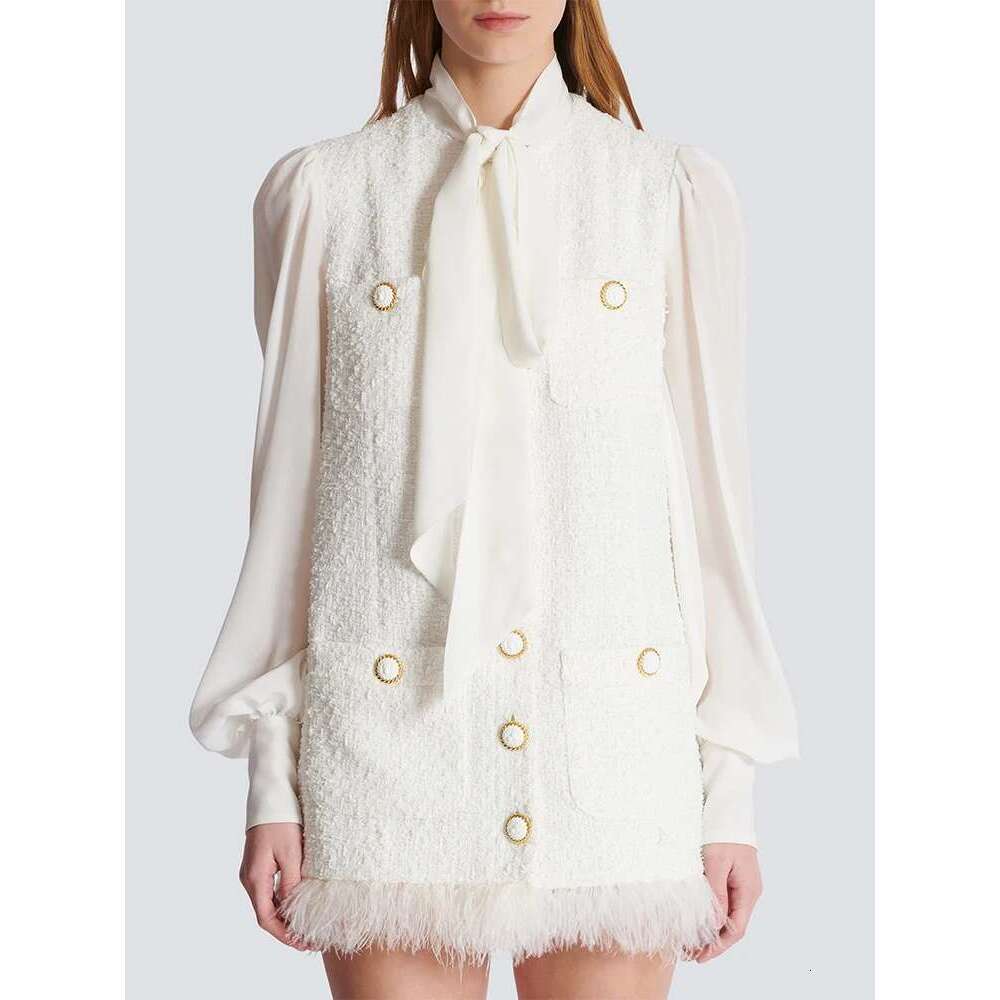 Skirt Set HIGH QUALITY Newest FW Designer Fashion Women's Long Sleeve Feather Chiffon Bow Patchwork Tweed Dress