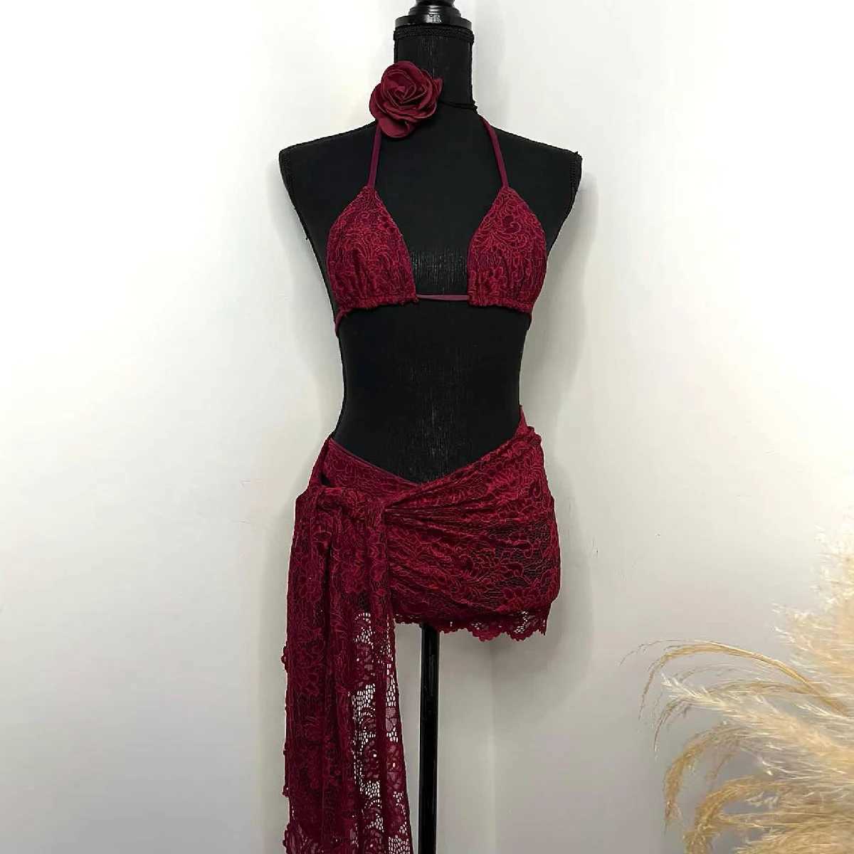 3Packs Flower Bikini With Beach Skirt Lace Up Swimsuit Women Sexy Swimwear Fa Crochet Dr Bathing Suits Sarongs BiquiniXJ241212