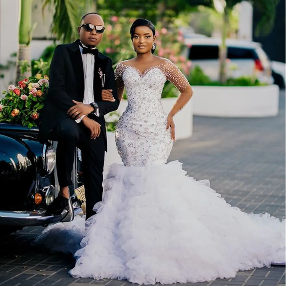 Luxurious Beaded African Mermaid Wedding Dresses Long Sleeves Elegant Bridal Gowns Tiered Tulle Train Ivory Vestido De Novia 2025