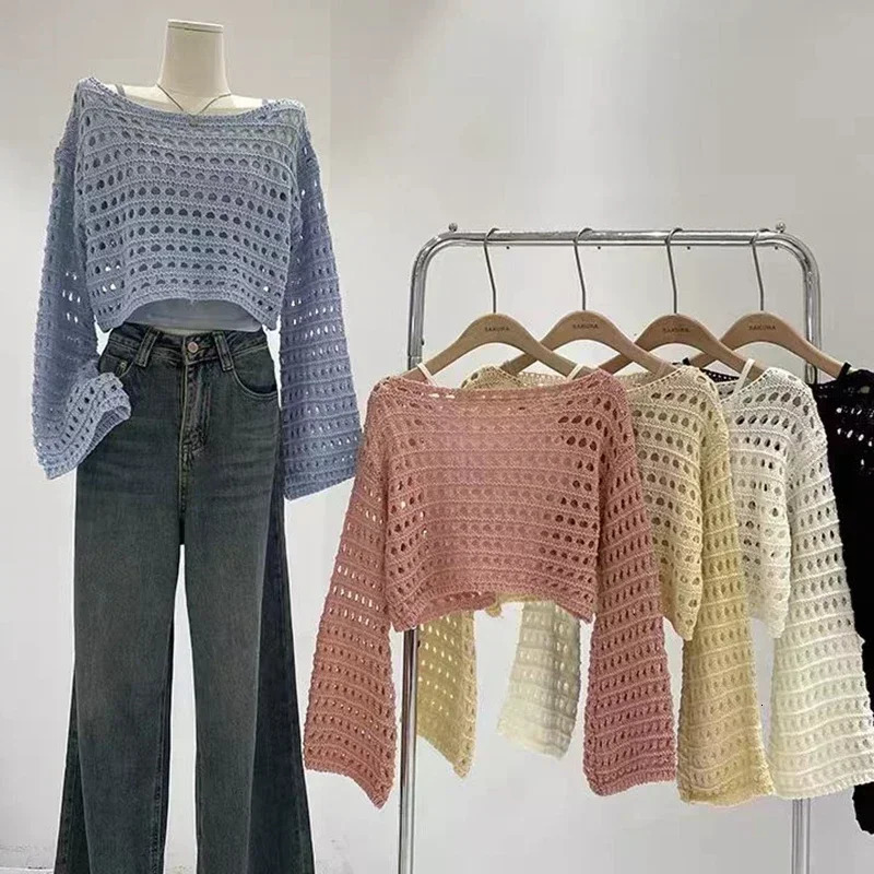 2024 Y2K Long Sleeve Crochet Knit Top Summer Beach Bikini Cover Up Crop Pullover Wool Knitwear Blouse Women Vacation Boho Outfit 241203