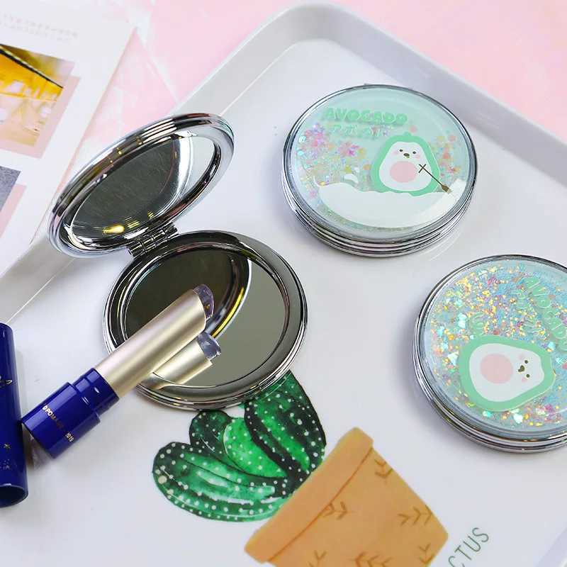 TSHOU884 Portable Double-Sided Folding Cosmetic Mirror Girl Gift Flowing Sparkling Sand Mini Avocado Makeup Mirror CompactXJ241213