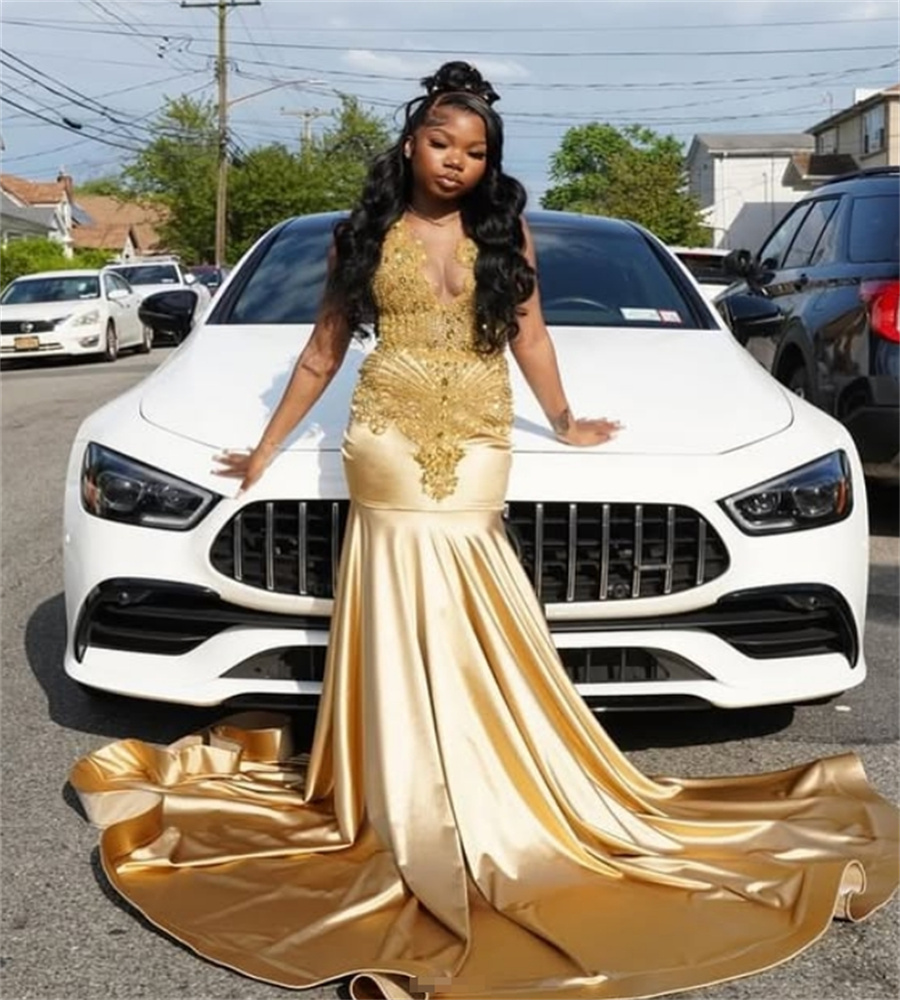 Luxury Gold Rhinestone Evening Dress Sleeveless Mermaid Black Girl Prom Dresses Plus Size Satin Birthday Party Gown Elegant Special Occasion Dress 202