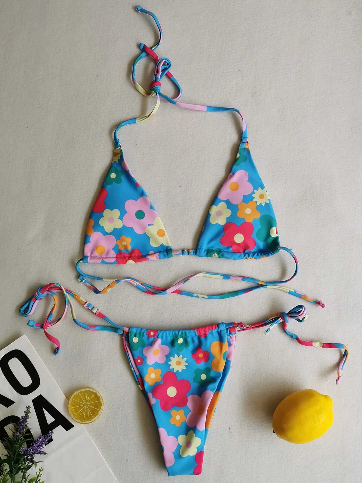 Flower Polka Dots Printed Warp Around Bikini Fa Swimsuit Women Swimwear Two-pieces Bikini set Bather Bathing Suit Swim K5323XJ241212