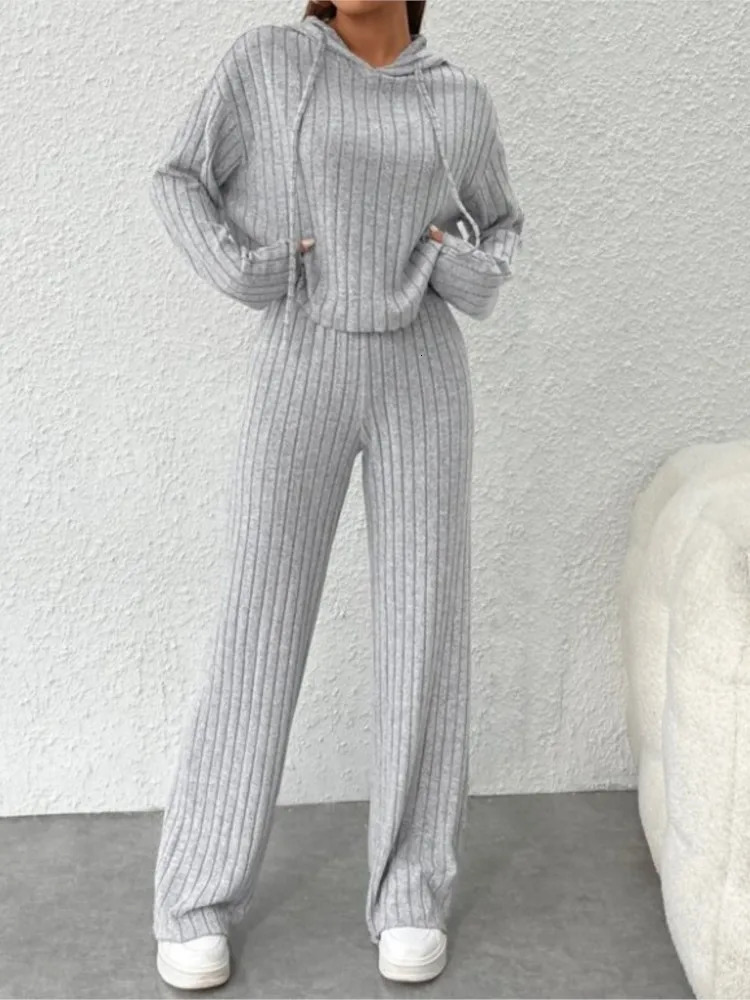 Fashionable Longsleeved Hooded Top Pants 2piece Set For Women Autumn Winter Solid Color Loose Knitted Sweatshirt Suit Female 241203