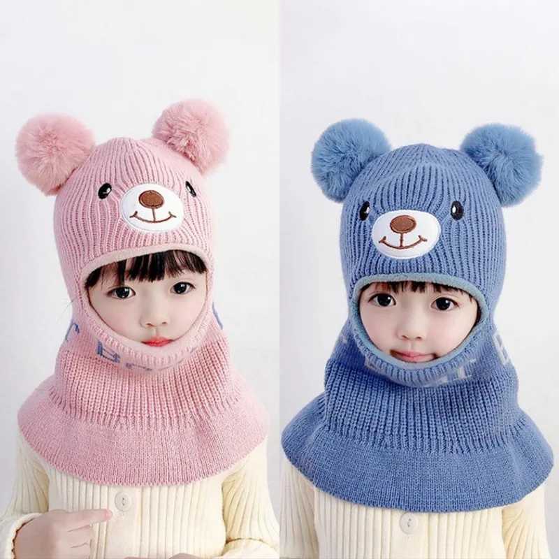 Bear Winter Baby Bonnet Hat Scarf One-Piece Pompom Kids Knitted Hat for Girls Boys Warm Ears Neck Children Cap for Skiing 2-6YXJ241213