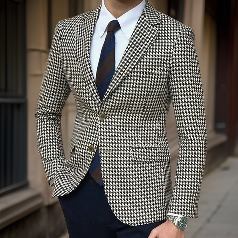 Plaid Blazer For Men 2024 One Piece Houndstooth Suit Jacket With 2 Side Slit Slim Fit Casual Male Coat Fashion Ready To Ship