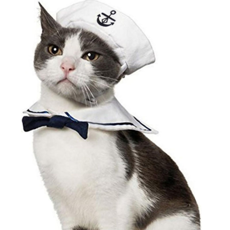 Pet Sailor Costume for Cats Small Dogs Halloween Cat Sailor Hat with Tie Collar Doggy Navy Outfit Cosplay Apparel