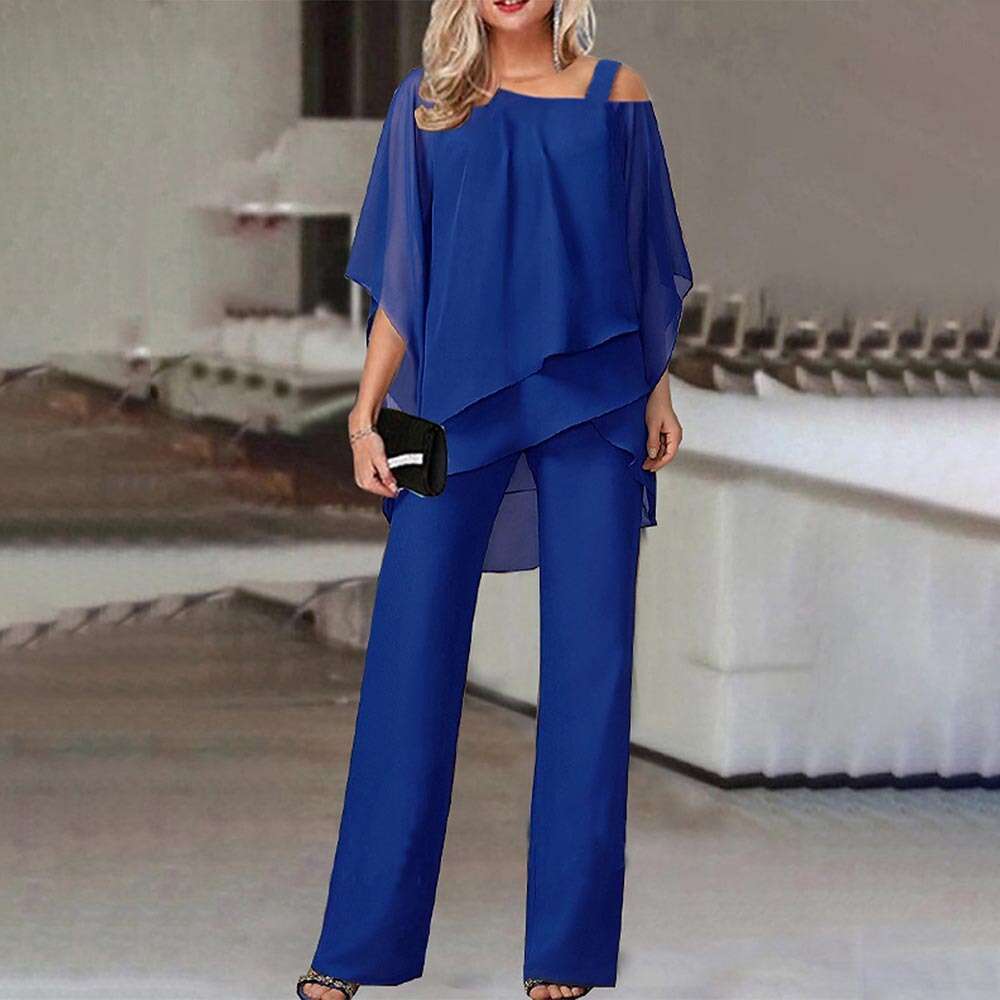 European And American New Solid Color Loose Casual Slanted Shoulder Bat Sleeve Irregular Long Pants Two-Piece Set Fashionable Quality Classic