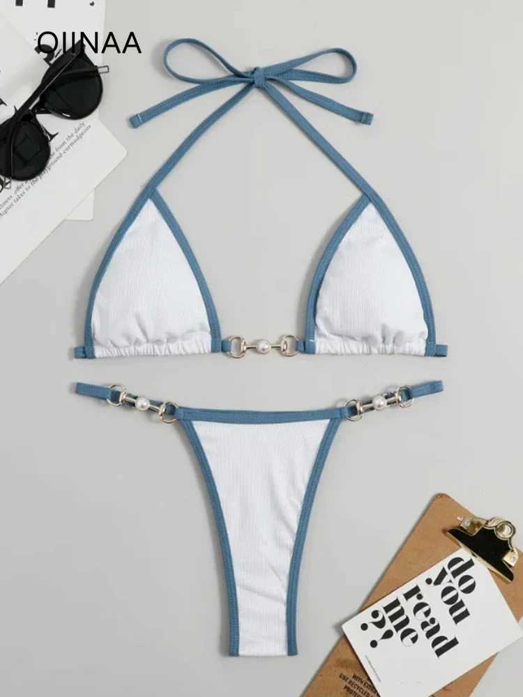 OIINAA Swimsuit Women Sexy Halter Block Color Bikini Set Pearl Metal Ring Swimwear Lace Up Biquinis Two-piece Thong Bathing SuitXJ241212