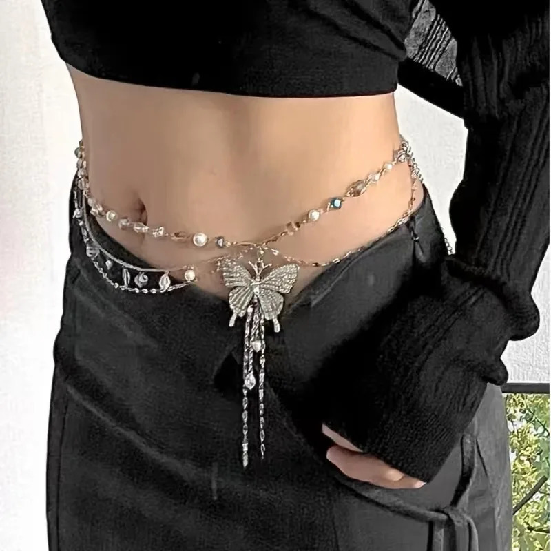 Romantic Crysta Butterfly Waist Chain For Women Beaded pearls Tassel Metal Belt Female Lady Body Chains Dress Decor Strap 241213