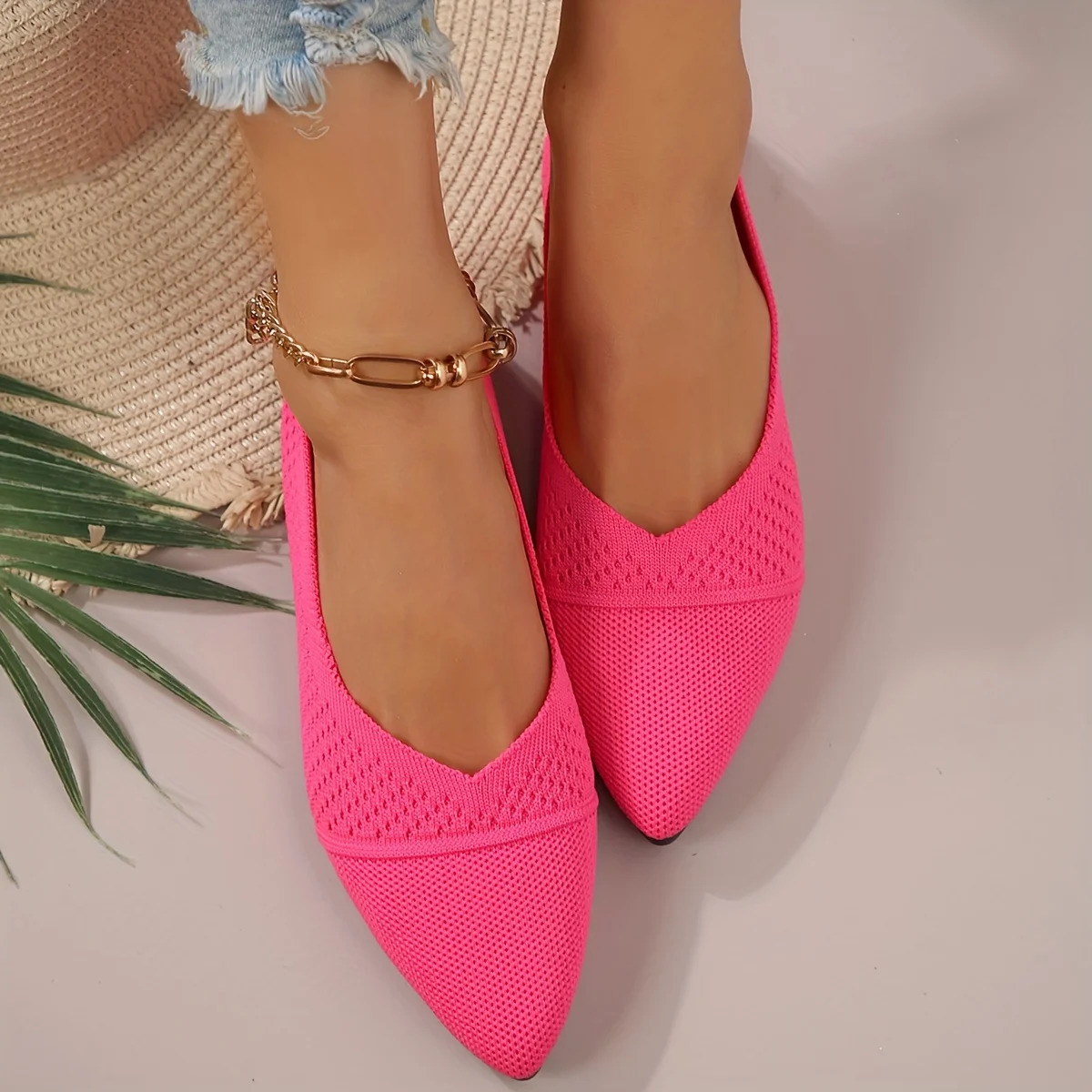Womens Pointed Toe Flat Shoes Solid Color Knitted Sliding Womens Shoes Casual Breathable Ballet Womens Flat Shoes 241213