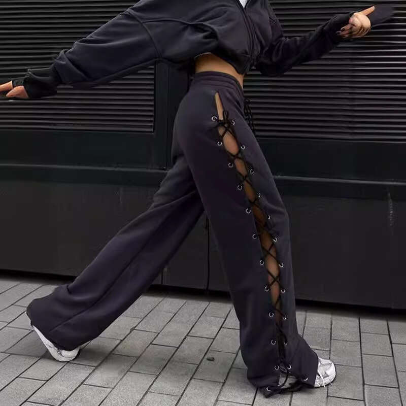 European And American Women's New Street Slim Fit Side Slit Chicken Eye Strap Hollow Out Versatile Wide Leg Pants