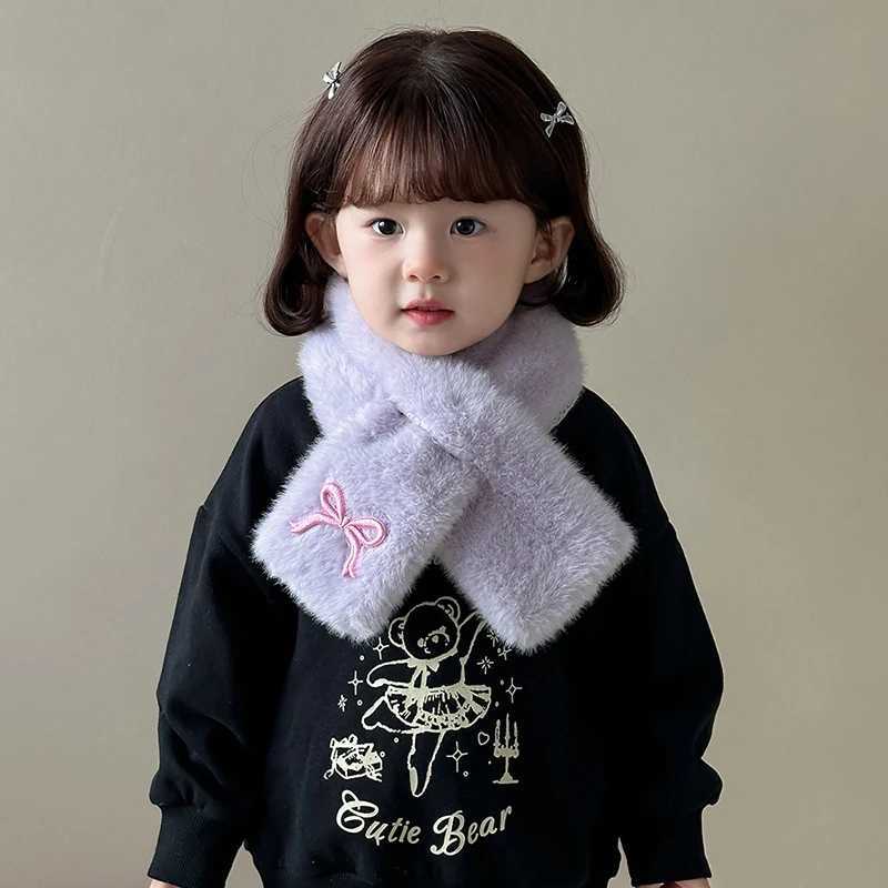 Scarves Wraps Embroidered Bow Baby Plush Scarf Winter Warm Children Neckerchiefs Korean Kids Cross Neck Covers Sweet Girl Fur Collars 2-8Years H241213