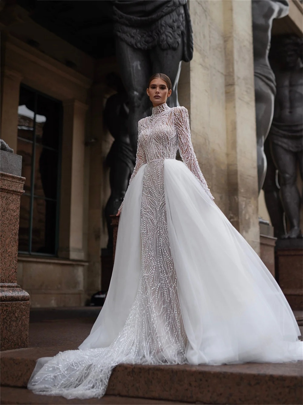 Gorgeous Bridal Dress Sequins Pearls Wedding High Collar Long Sleeves Ball Gown Detachable Train Customized Dresses Vestido De Novia