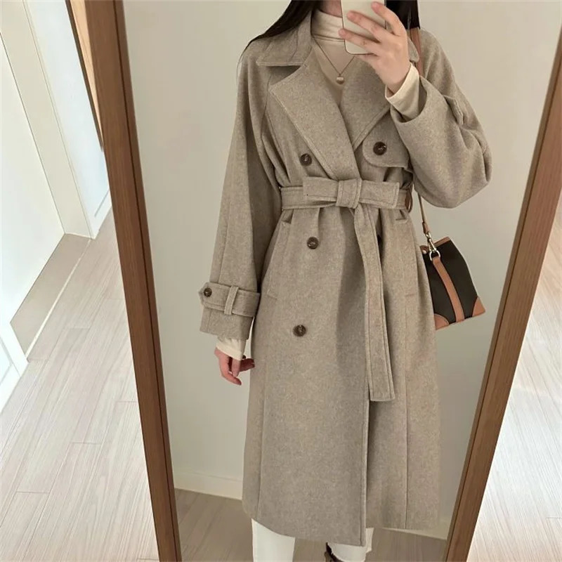 EWQ Korean Temperament Double Breasted Laceup Doublefaced Cashmere Coat Women Winter Thick Overcoats Autumn 16O2722 241213