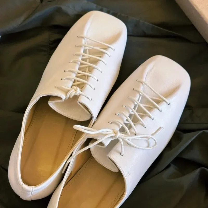 2024 Spring/Autumn Leather Shoes for Womens Casual Lace Flat Top Single Shoes Square Toe Solid Color Loafers Office Womens Shoes 241213