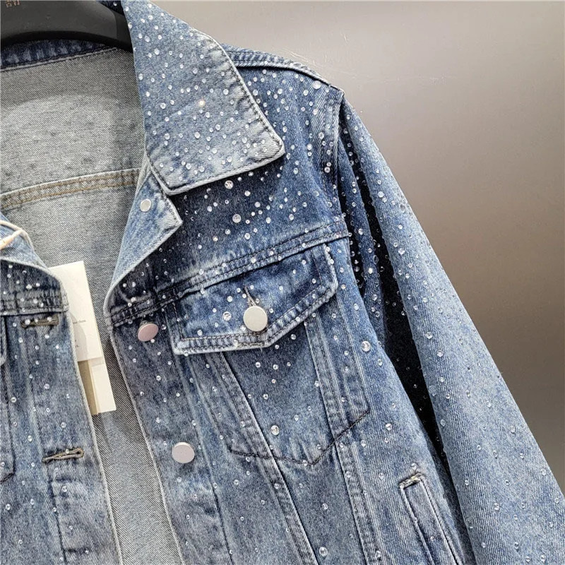 DEAT heavy-duty industrial diamond denim womens jacket 2024 autumn loose long sleeved street jacket womens trend 11A0436 241209