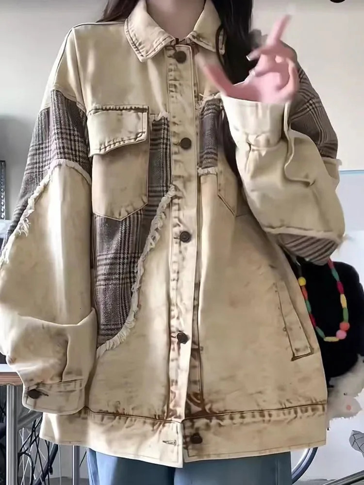 American retro denim jacket plain patch work student irregular edge casual loose autumn Harajuku Y2k streetwear womens clothing 241211