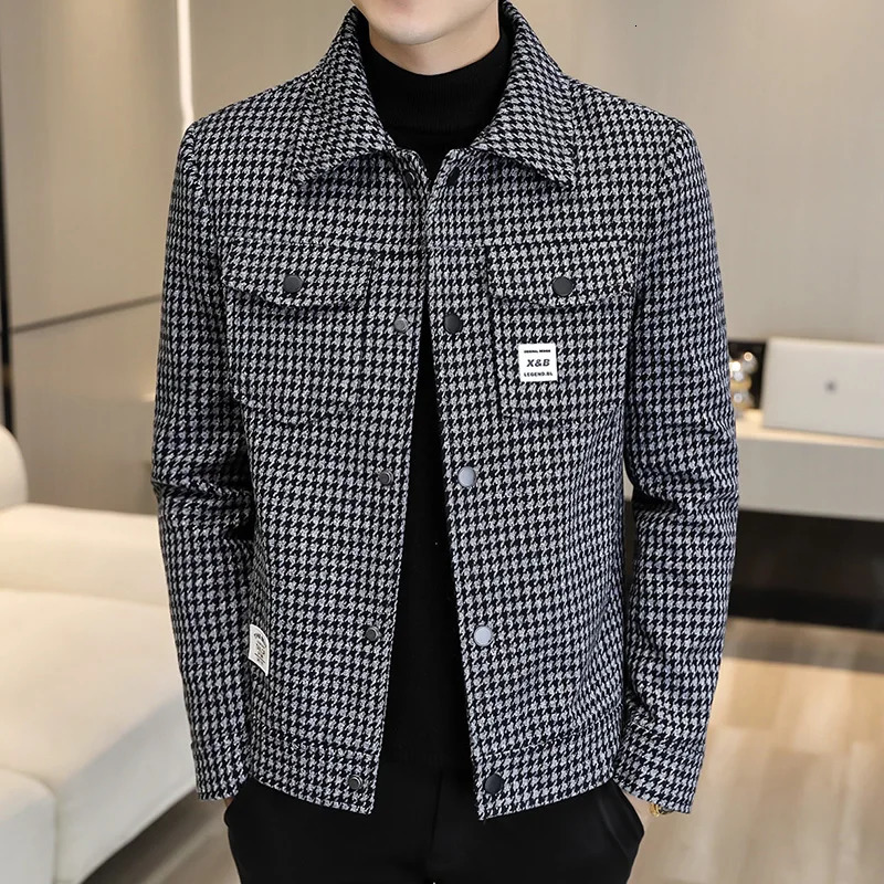 High Quality Plaid Woolen Jacket Men Autumn Winter Casual Business Short Trench Coat Social Overcoat Streetwear Windbreaker 241213