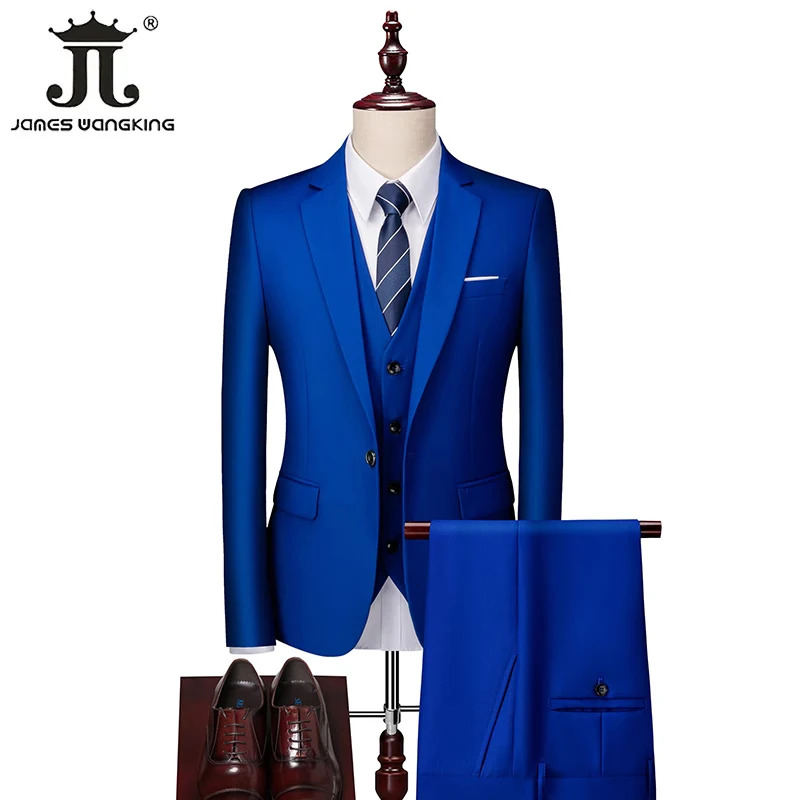 M-6Xl 15 Colors ( Jacket+Vest+Pants ) Formal Business Office Men's Suits Groom Wedding Party Dress Solid Color Suit