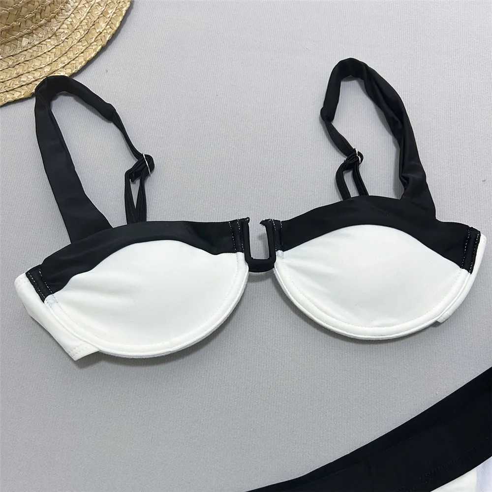 Black White Contrast Swimwear Push Up Bikini Set Sexy Swimsuit Women High Cut Bathing Suit Underwired Bikinis 2024 Mujer BatherXJ241212
