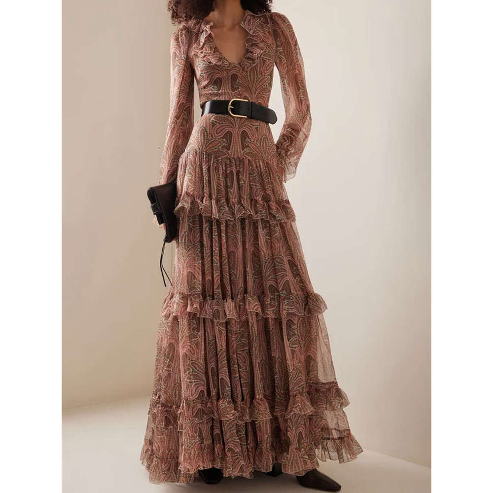 European And American Bohemian Flared Sleeve Print V-Neck High Waisted With Ral Patterns, New Style For Women's Long Dress