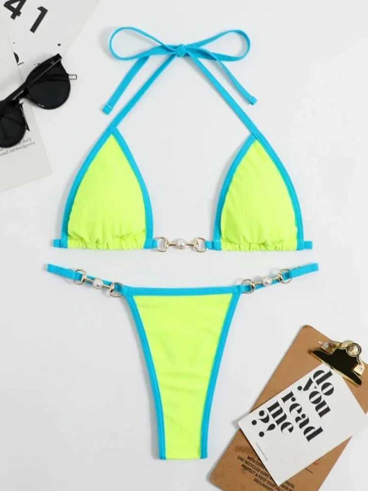 OIINAA Swimsuit Women Sexy Halter Block Color Bikini Set Pearl Metal Ring Swimwear Lace Up Biquinis Two-piece Thong Bathing SuitXJ241212
