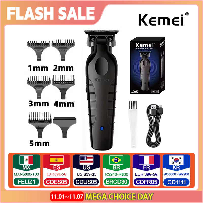 Kemei 2299 Barber Cordless Hair Trimmer 0mm Zero Gapped Carving Clipper Detailer Professional Electric Finish Cutting Machine T241210