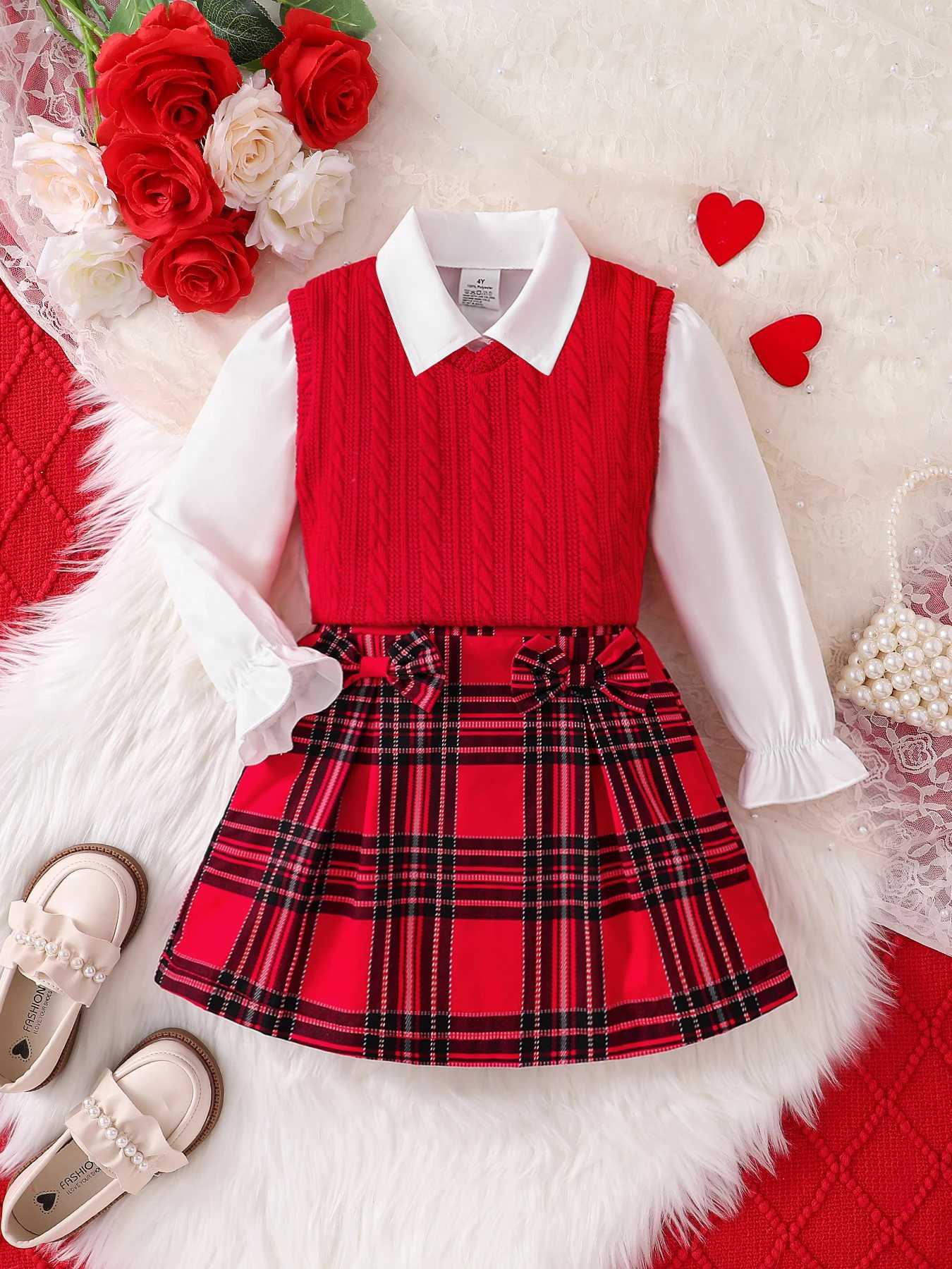 Childrens Spring/Summer New Girl Fashion Cute 3-Piece Knitted Red Tank Top+Lace Collar Lining+Checkered Half Skirt W241213