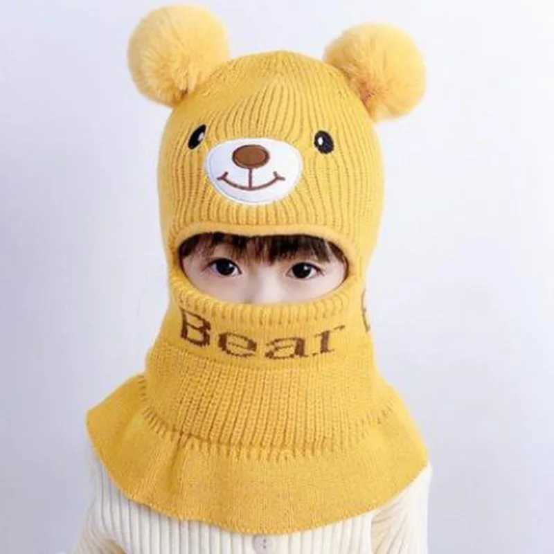 Bear Winter Baby Bonnet Hat Scarf One-Piece Pompom Kids Knitted Hat for Girls Boys Warm Ears Neck Children Cap for Skiing 2-6YXJ241213