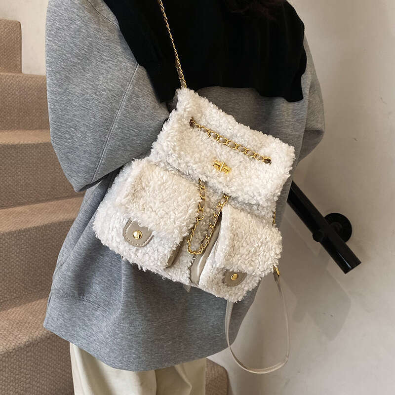 Lamb hair small fragrant style for women in spring 2025, new niche fashion commuting large capacity backpack trend