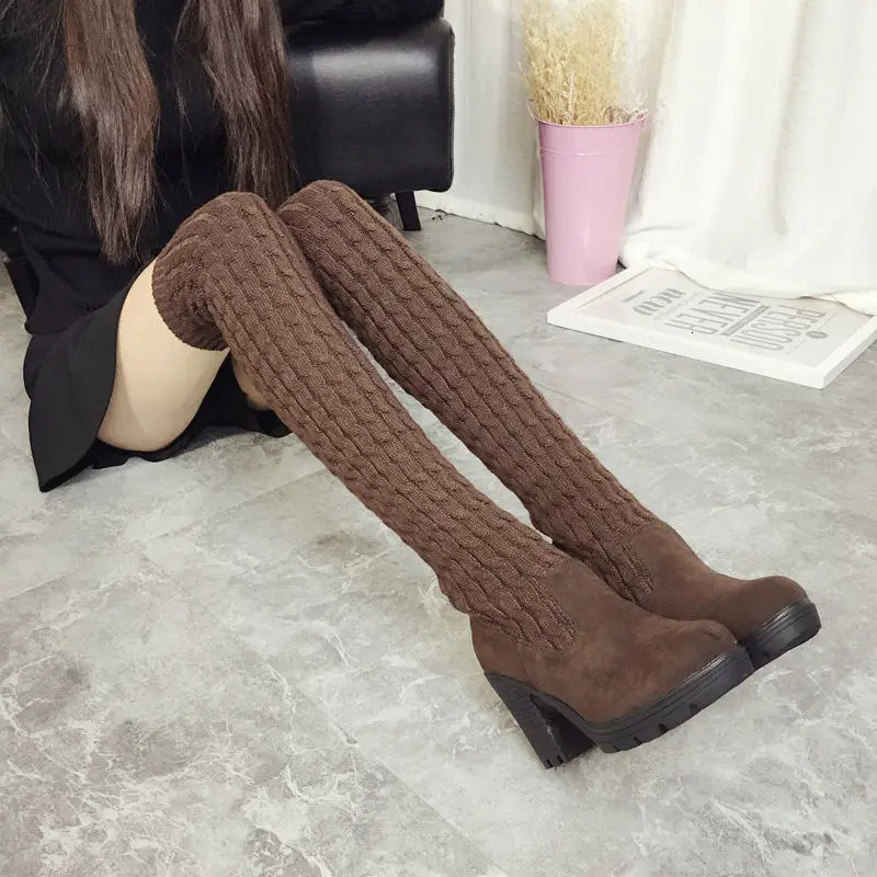 Winter Warm Womens Boots Womens Knee High Heels Thick Knitted High Heels Dome Womens High Heels Large Size 35-40 241213