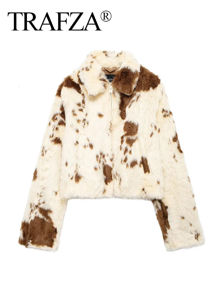 TRAFZA Women Casual Faux Fur Lapel Jacket Fashion Cow Print Autumn Winter Crop Zipper Coat Female Long Sleeve Fluffy Outwear 241212
