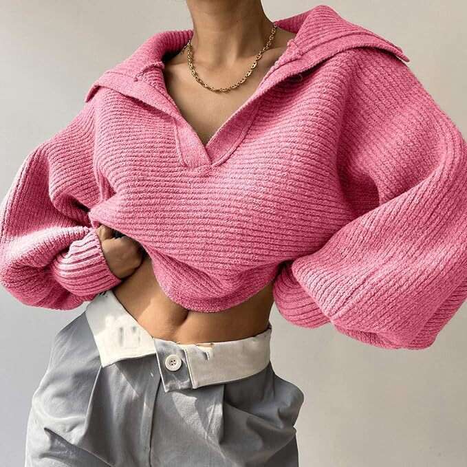 European American Foreign Trade Spring Autumn New Products Knitted Sweater Flip Collar Hoodie Women's Top Trendy Clothing Fashion And Leisure Atm
