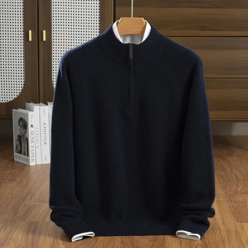Autumn And Winter 100% Cashmere Mens Semi High Neck Zipper Versatile Temperament Sweater 241213