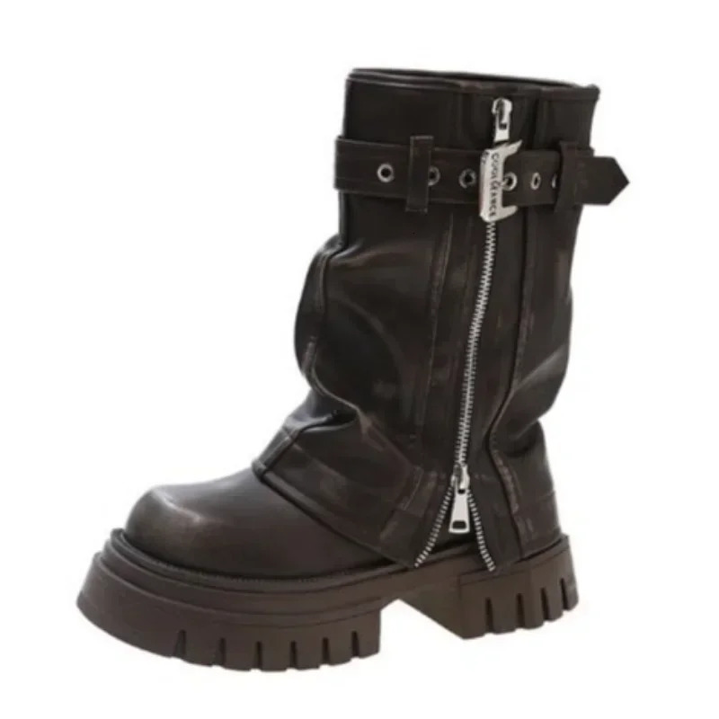 Winter Women Biker Boots Fashion Belt Buckle Ladies Elegant Platform Long Pipe Booties Casual Womens Knee High Booties2024 241213