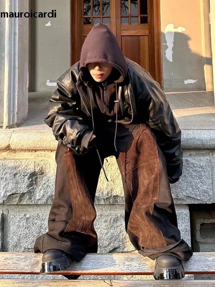 Mauroicardi Autumn Winter Oversized Cool Black Thickened Warm Pu Leather Bomber Jacket Men Hood er 2 Clothes 241212