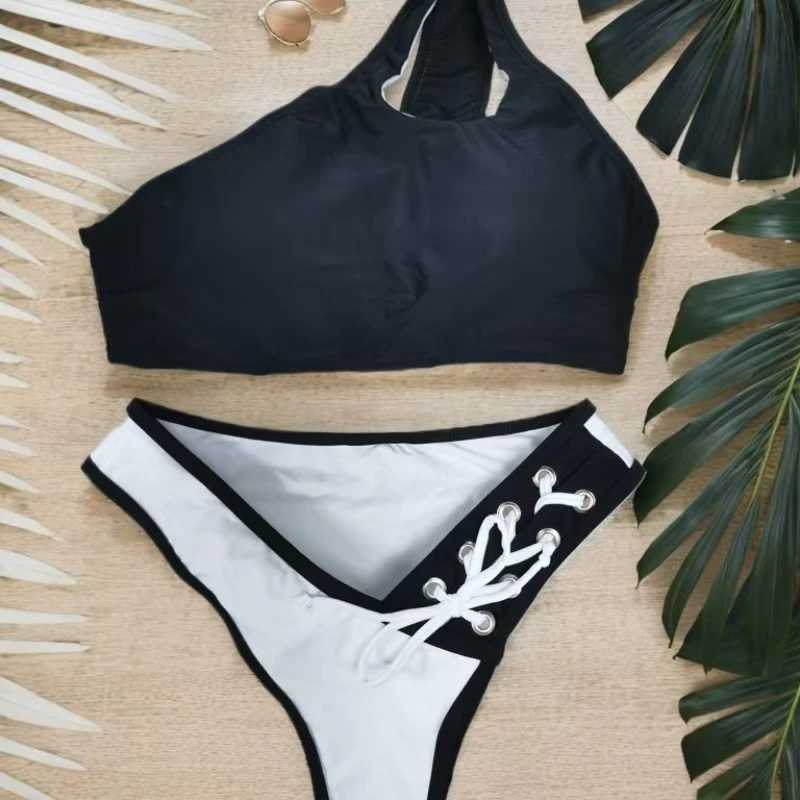 Sexy Swimsuit One-shoulder Black Bra High-waisted Bris Two-piece Split BikiniXJ241212