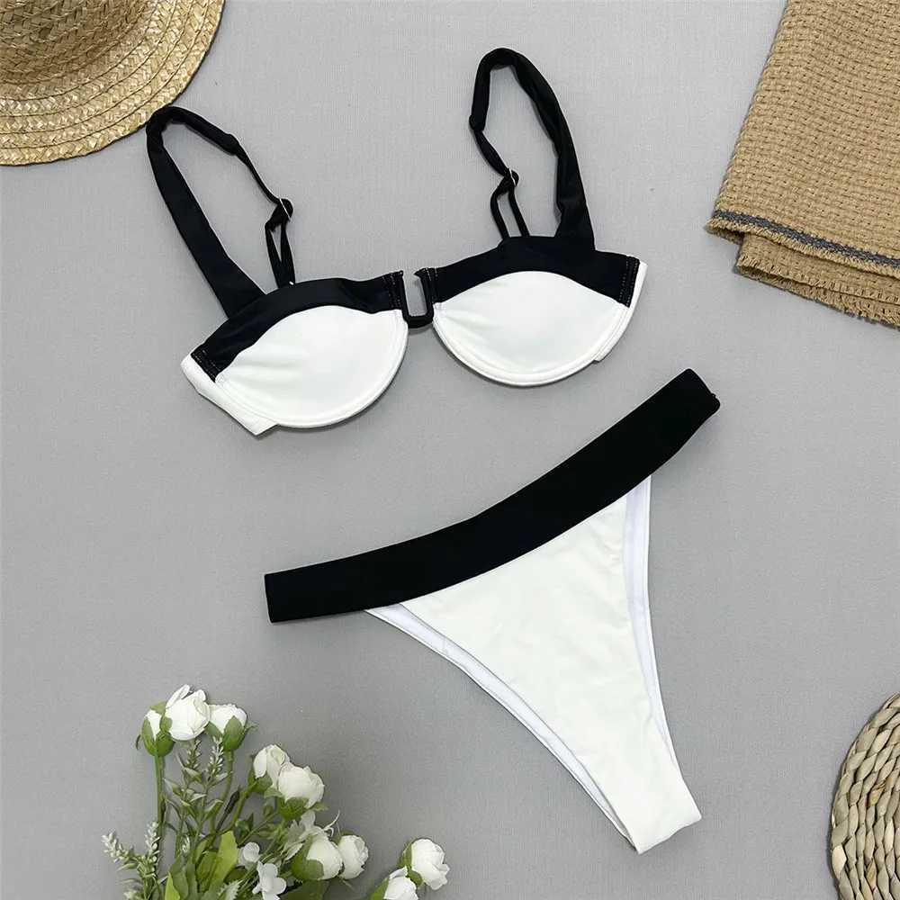 Black White Contrast Swimwear Push Up Bikini Set Sexy Swimsuit Women High Cut Bathing Suit Underwired Bikinis 2024 Mujer BatherXJ241212