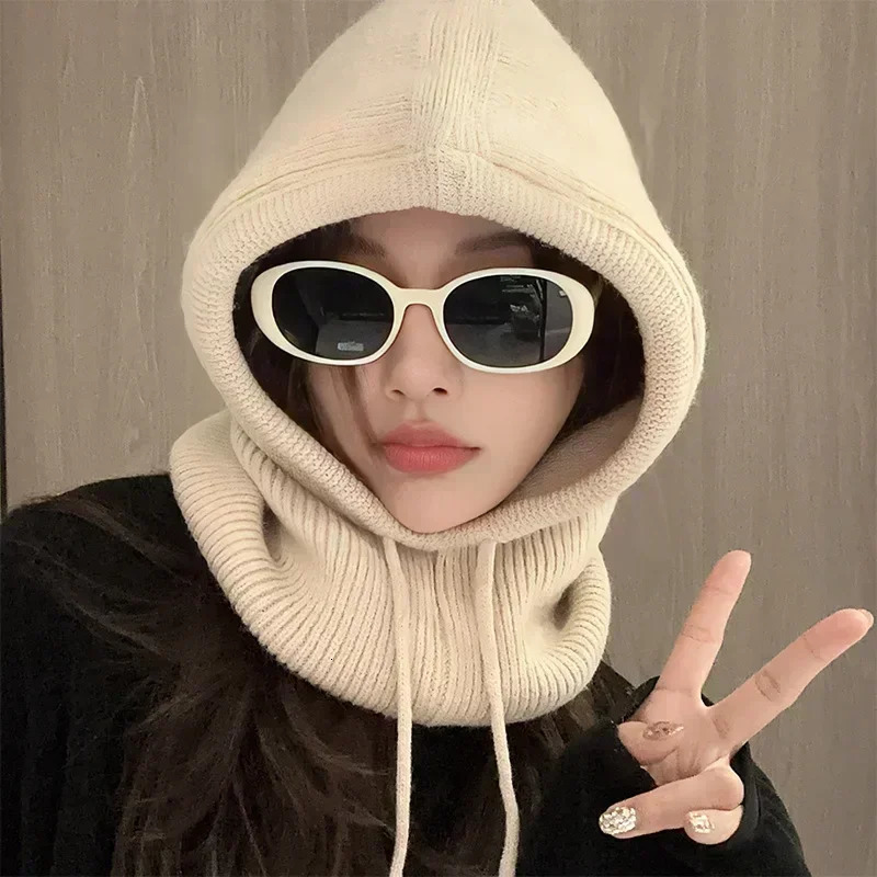 Winter Balaclava hat collar thick knitted wool lapel hat Korean womens cotton ear protection lapel hat accessories 241205