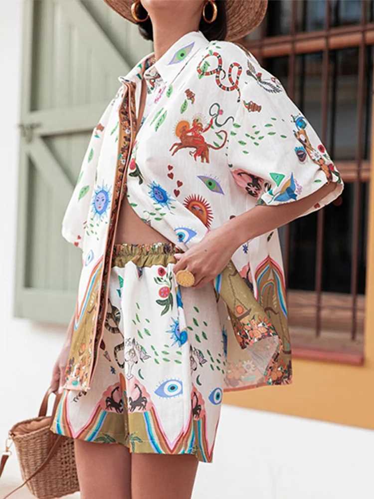 Women's Two Piece Pants Print Short Suits Women Fashion Turn Down Collar Half Slve Female Shirt Two Piece Sets Loose Pants Summer Beach Party Vac