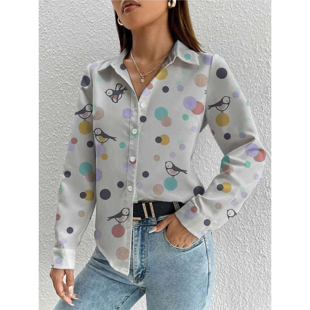 New Retro Digital Printed Long Sleeve Collar Top Women's Trendy Clothing Fashionable Casual Style