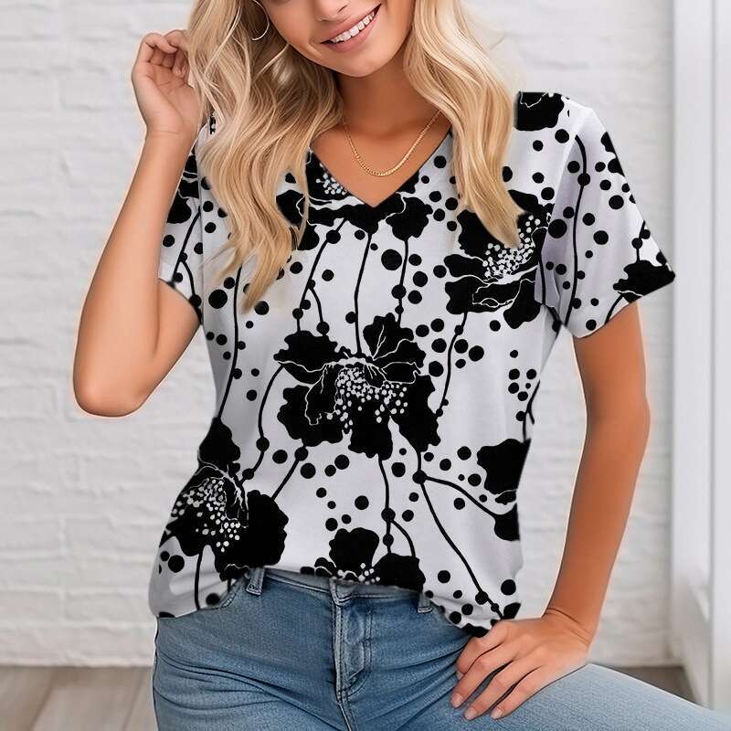 European American Pullover V-Neck Digital Pried Top, Summer Short Sleeved Loose Fitting Women's Ral T-Shirt, Trendy Clothing, Fashionable And Cas