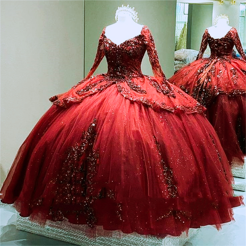 Princess Long Sleeve Quinceanera Dresses Lace Appliques Beaded Burgundy Ball Gown Palace Boutique Sweet 16 Dress 2025 Prom Special Occasion Gowns