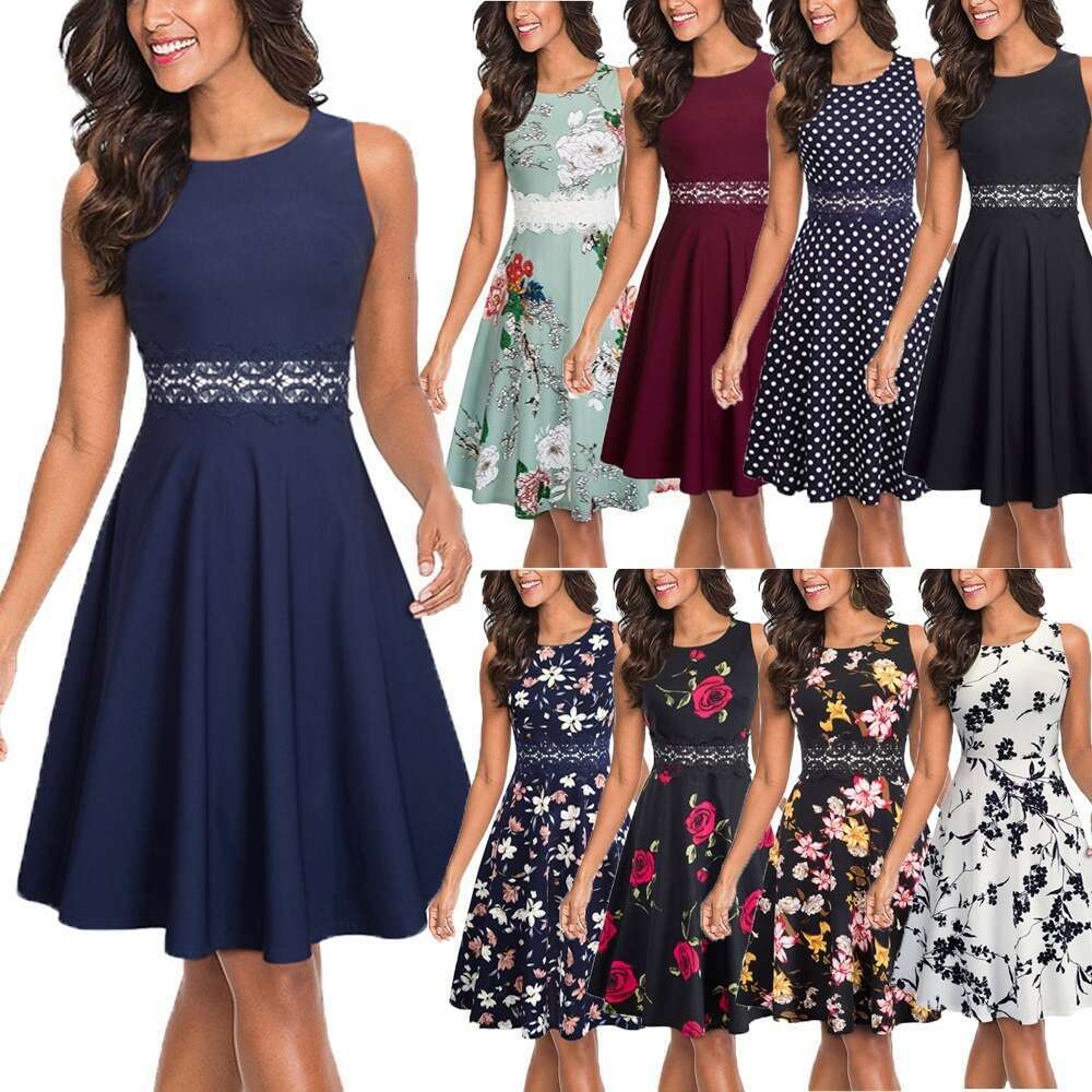 European And American Women's New Round Neck Sleeveless Lace Patchwork Printed Large Swing Skirt Dress, Fashionable Quality Classic