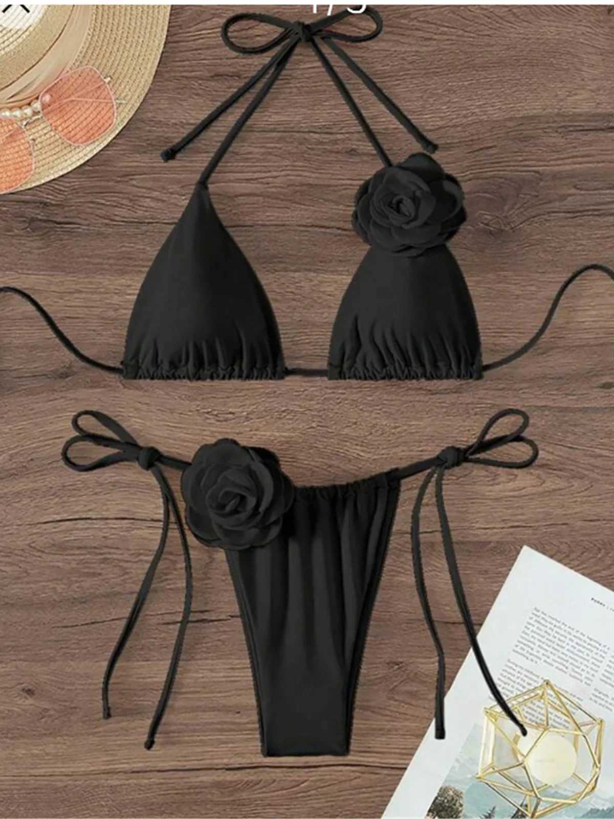 S - XL Sexy 3D Flowers Halter Strappy Bikini Women Swimwear Fa Swimsuit Two-pieces Bikini set Bather Bathing Suit Swim K5297XJ241212