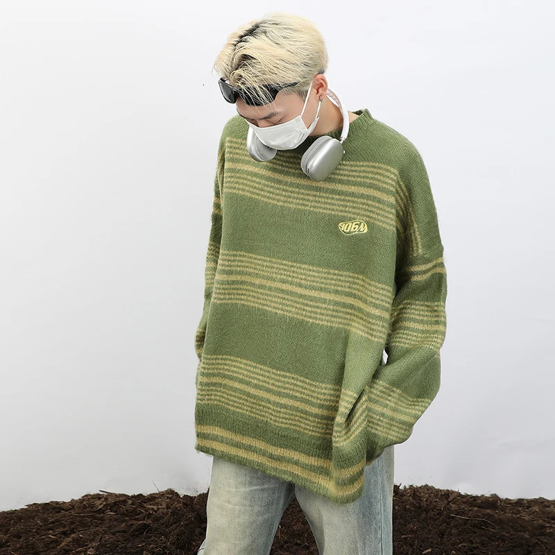PFNW American Striped Letter n Chic Sweater Mens Vintage Round Neck Loose Autumn Winter Knitted Male Tops 28W4429 241213