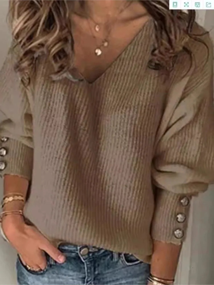 Spring Autumn Womens Loose Long Sleeve Knitted top Tshirt Solid VNeck Knit Sweater Pullover Female Tops For Women 2024 241203